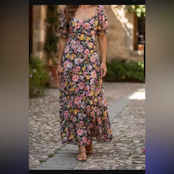 Amisu Dresses & Skirts - Amisu Floral Puff Sleeve Midi Dress - Pink, Yellow, Green